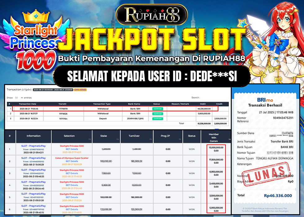RUPIAH88 JACKPOT SLOT STARLIGHT PRINCESS 1000 Rp.46.336.000,- LUNAS
