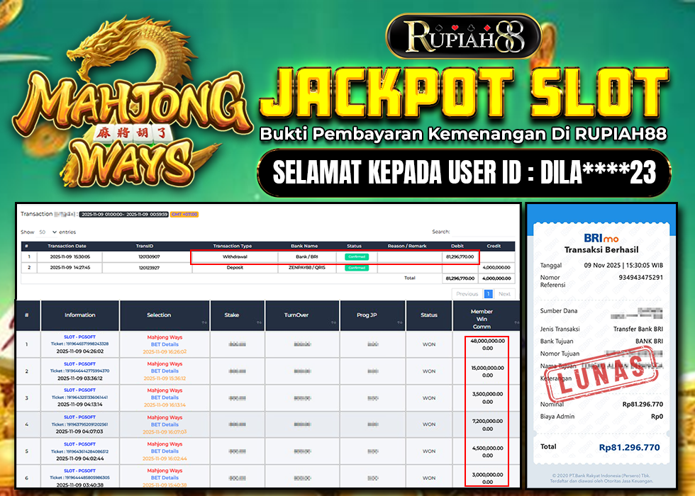RUPIAH88 JACKPOT SLOT MAHJONG WAYS Rp.81.296.770,- LUNAS